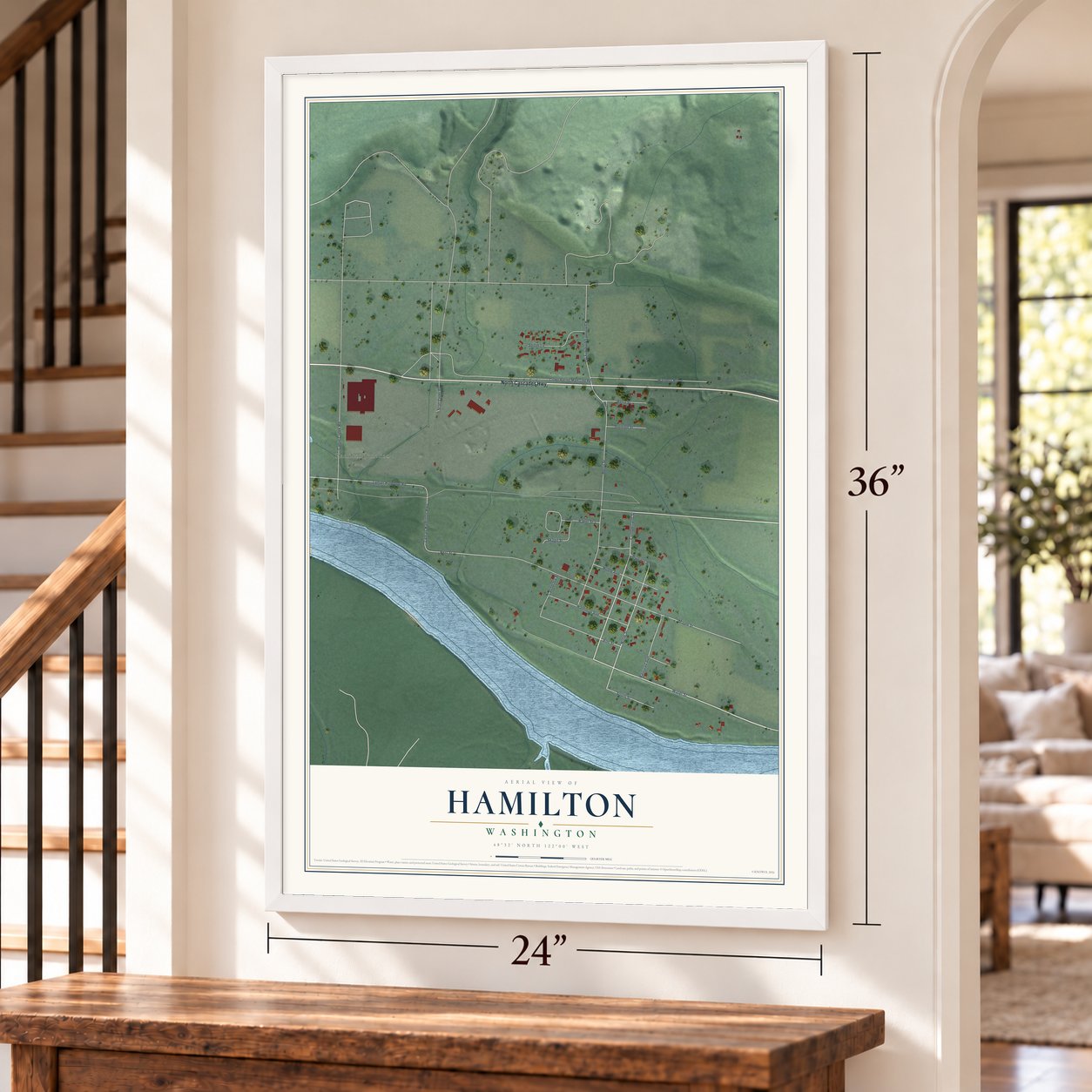 Hamilton, Washington map, 24 x 36 inch print in a white frame by a staircase