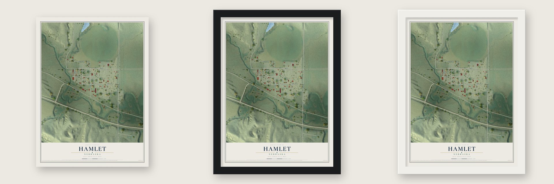 Hamlet, Nebraska map unframed, in a black wood frame and in a white wood frame