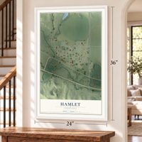 Hamlet, Nebraska map, 24 x 36 inch print in a white frame by a staircase