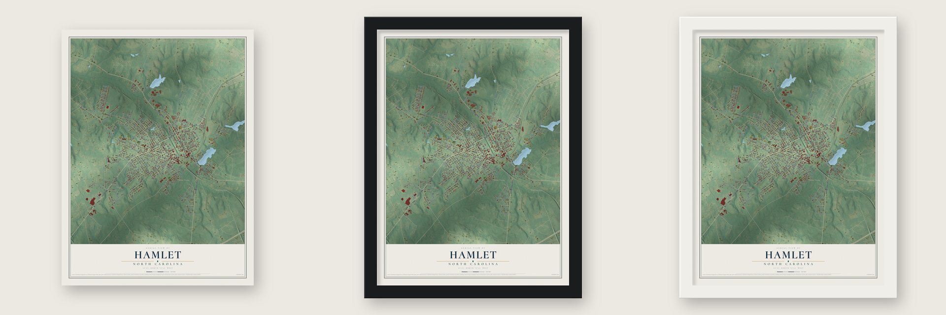 Hamlet, North Carolina map unframed, in a black wood frame and in a white wood frame