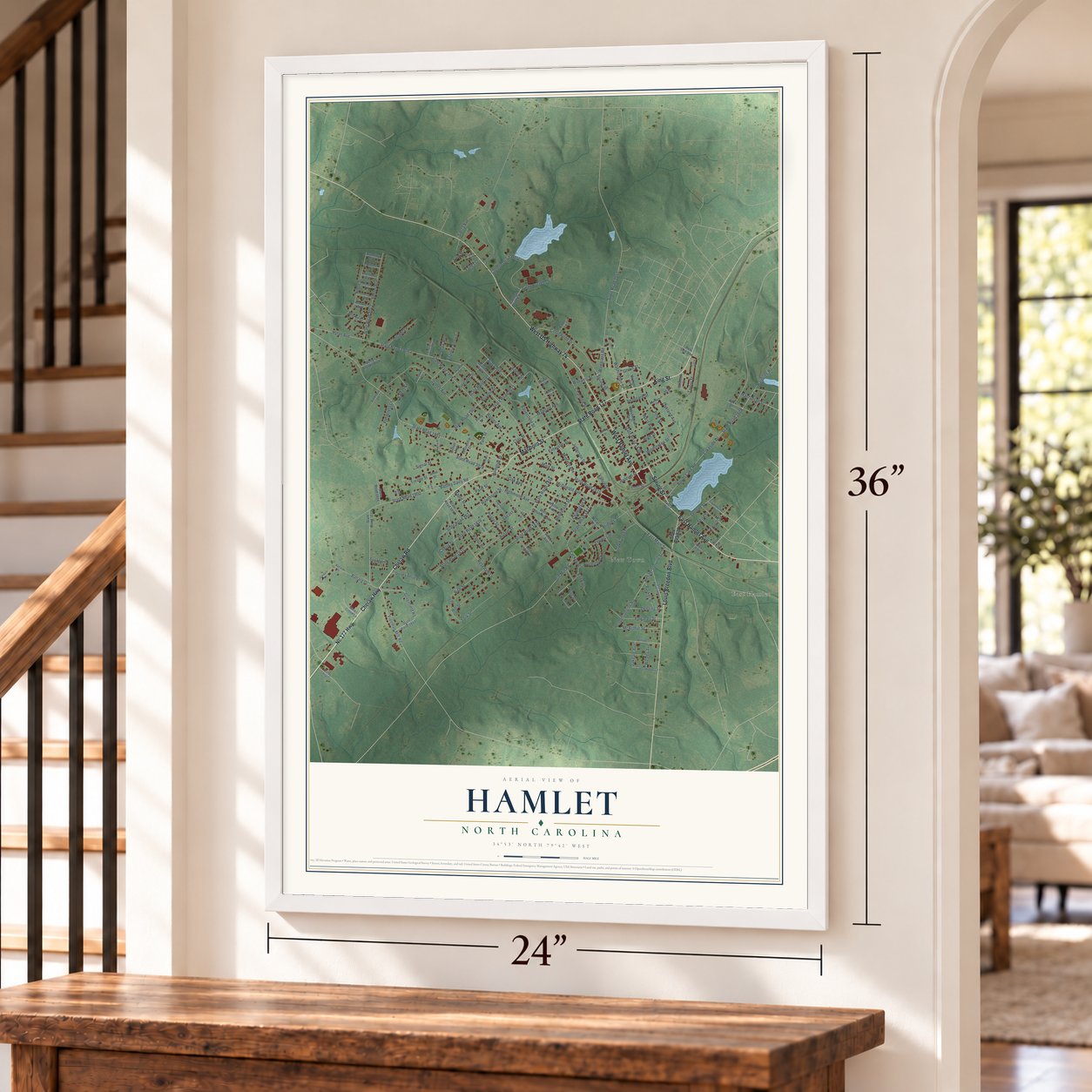 Hamlet, North Carolina map, 24 x 36 inch print in a white frame by a staircase