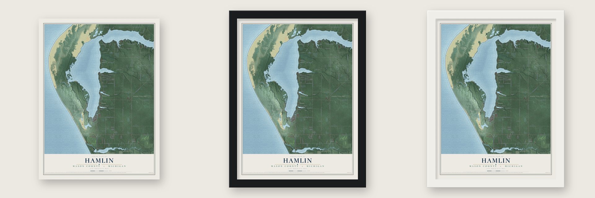 Hamlin, Mason County, Michigan map unframed, in a black wood frame and in a white wood frame