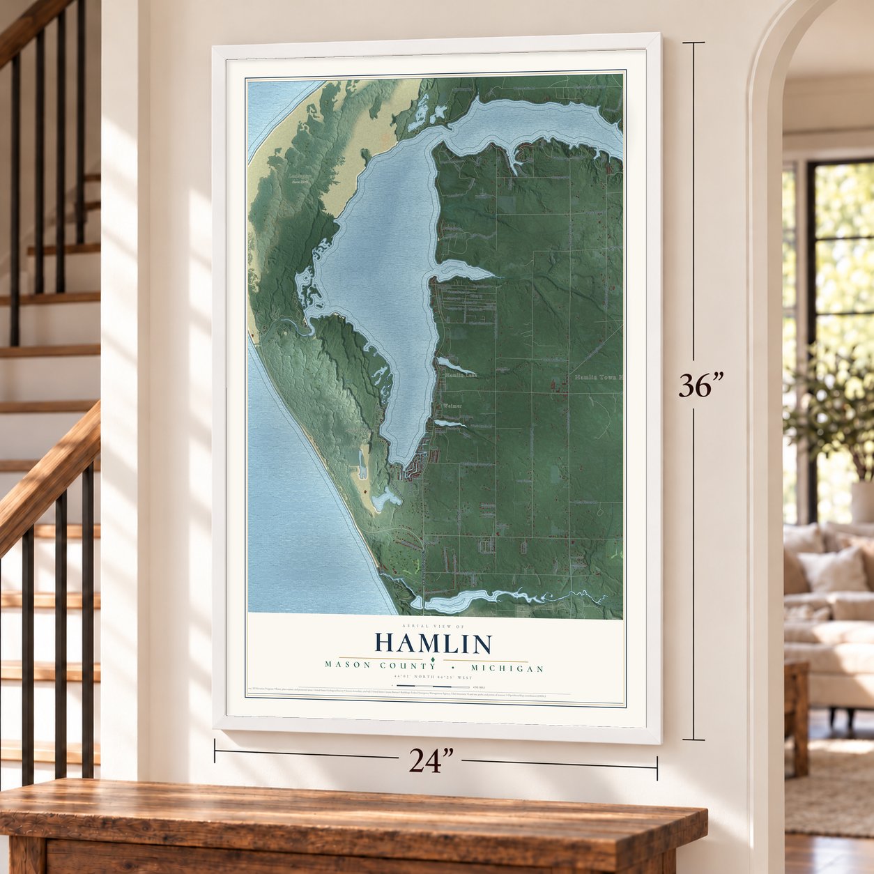 Hamlin, Mason County, Michigan map, 24 x 36 inch print in a white frame by a staircase