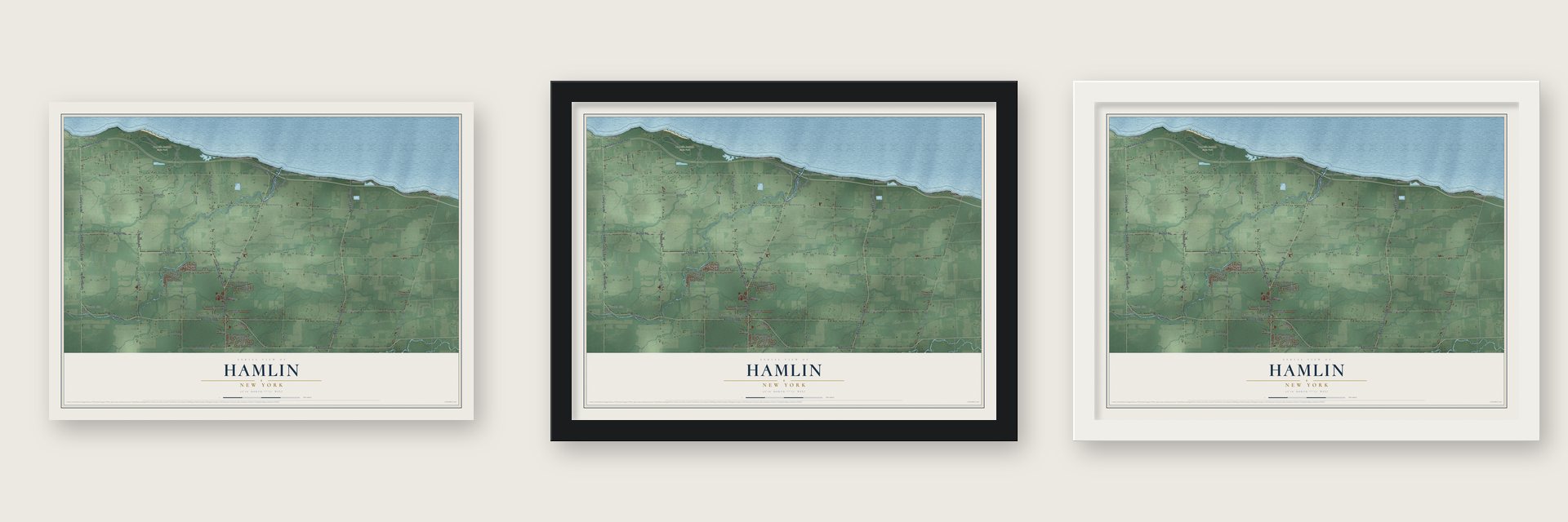Hamlin, New York map unframed, in a black wood frame and in a white wood frame