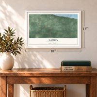 Hamlin, New York map, 12 x 18 inch print in a white frame in an entryway
