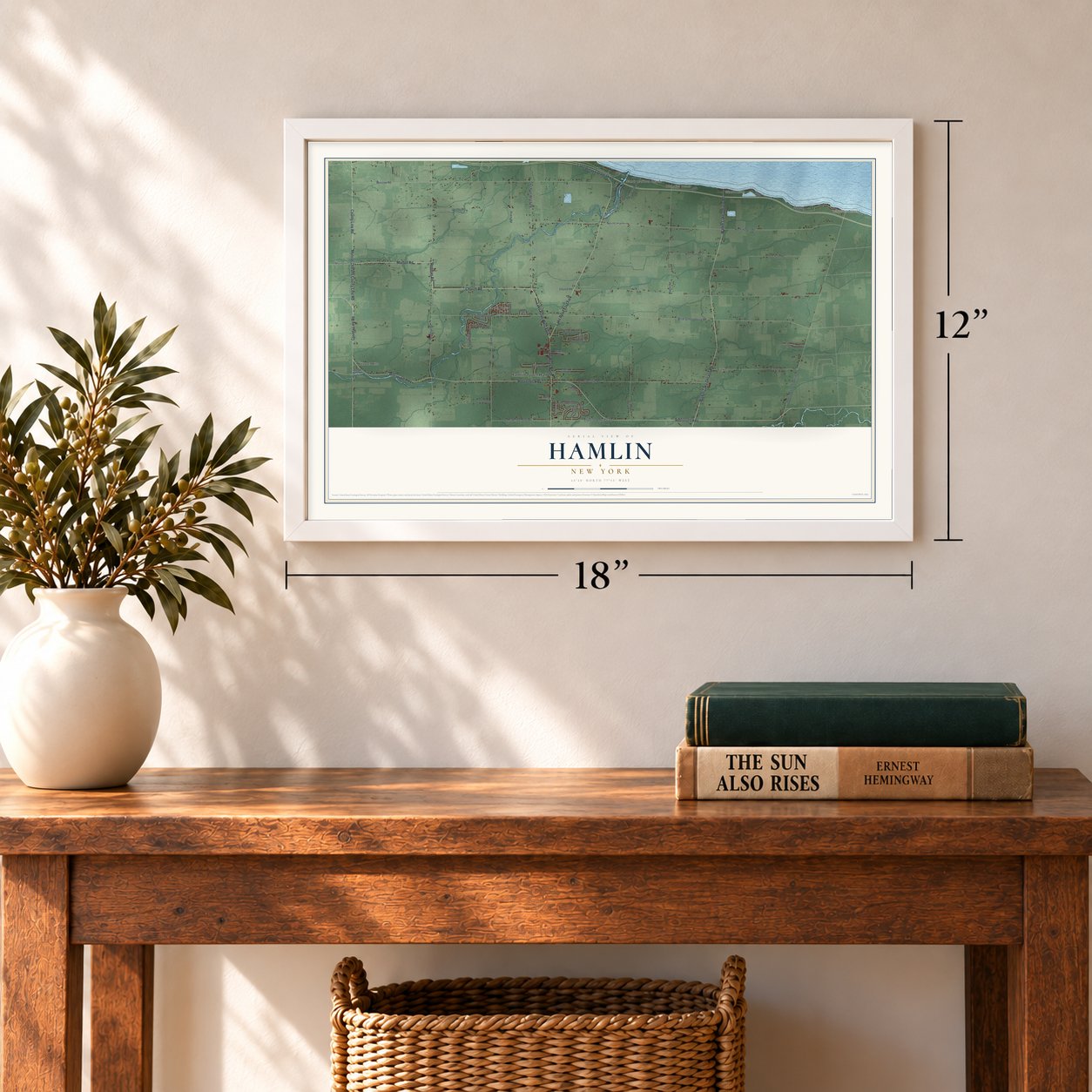 Hamlin, New York map, 12 x 18 inch print in a white frame in an entryway