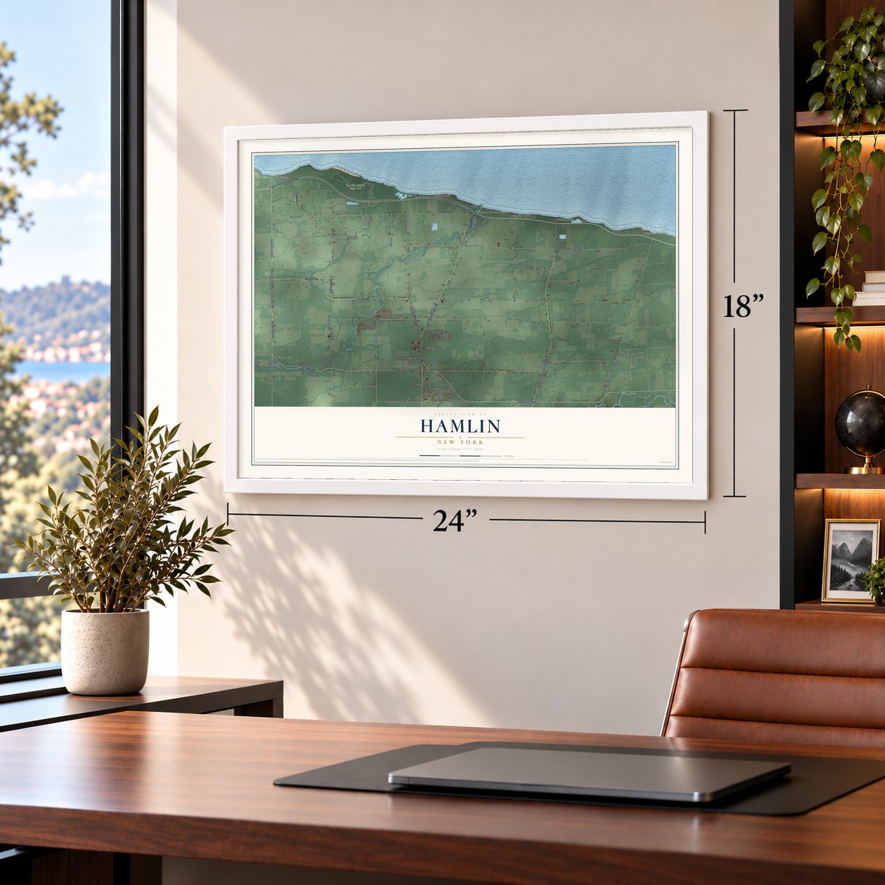 Hamlin, New York map, 18 x 24 inch print in a white frame in a home office