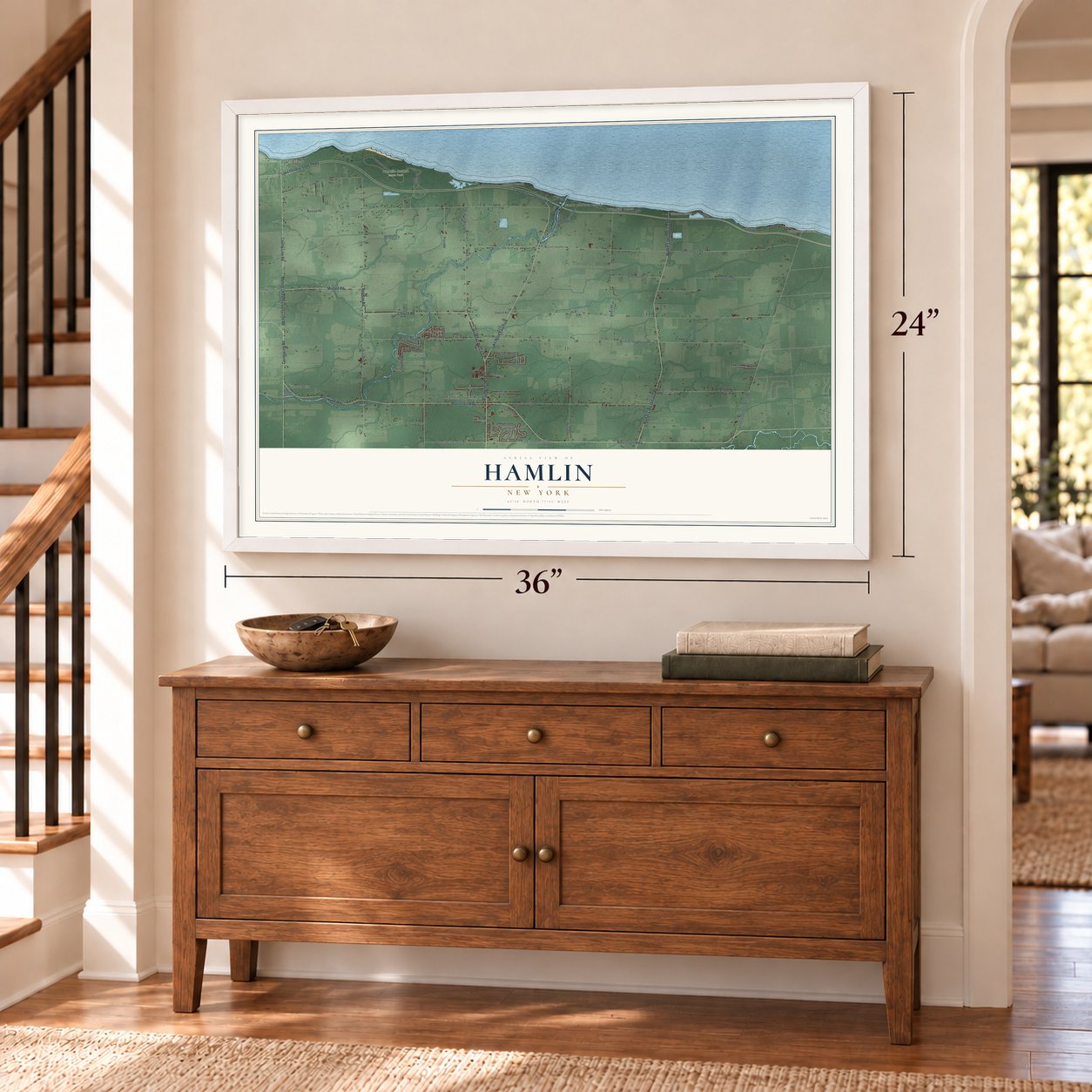 Hamlin, New York map, 24 x 36 inch print in a white frame above a dresser by a staircase