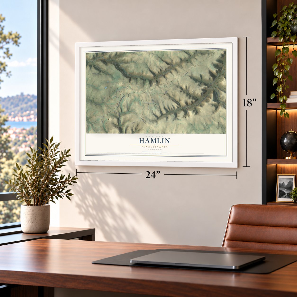 Hamlin, Pennsylvania map, 18 x 24 inch print in a white frame in a home office
