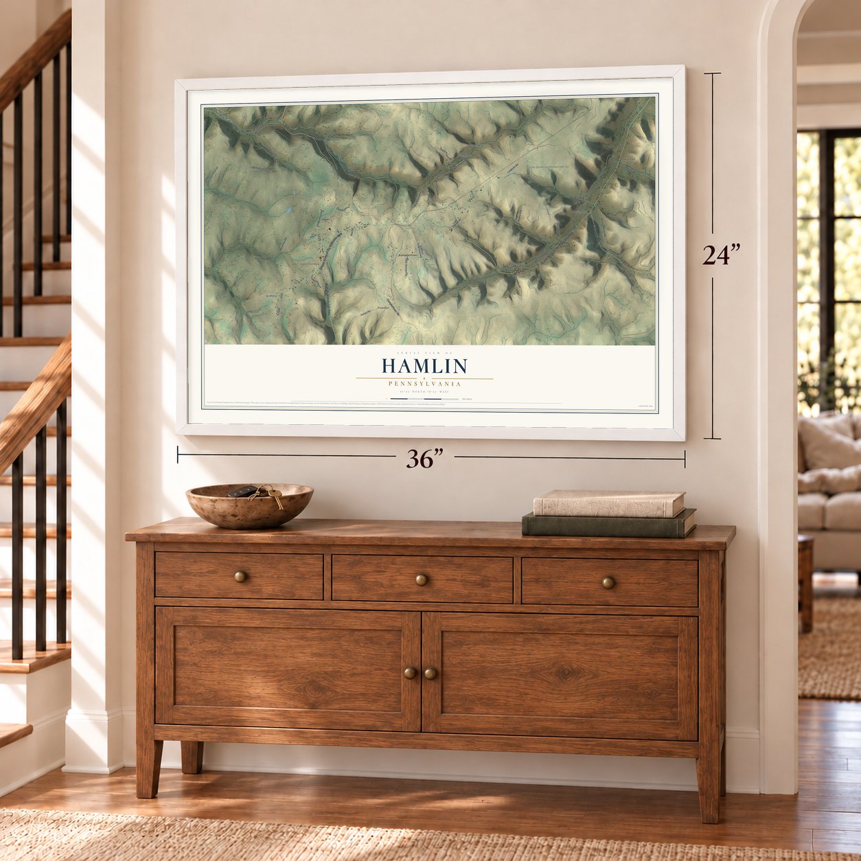 Hamlin, Pennsylvania map, 24 x 36 inch print in a white frame above a dresser by a staircase