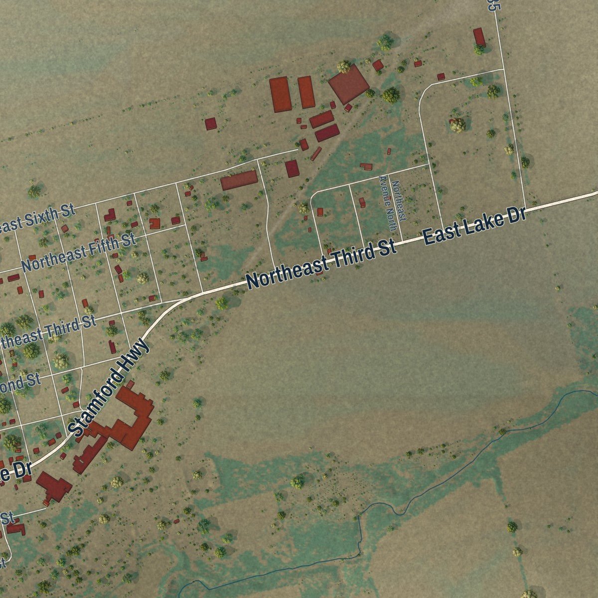 Second close-up of the map of Hamlin, Texas print showing more streets and buildings