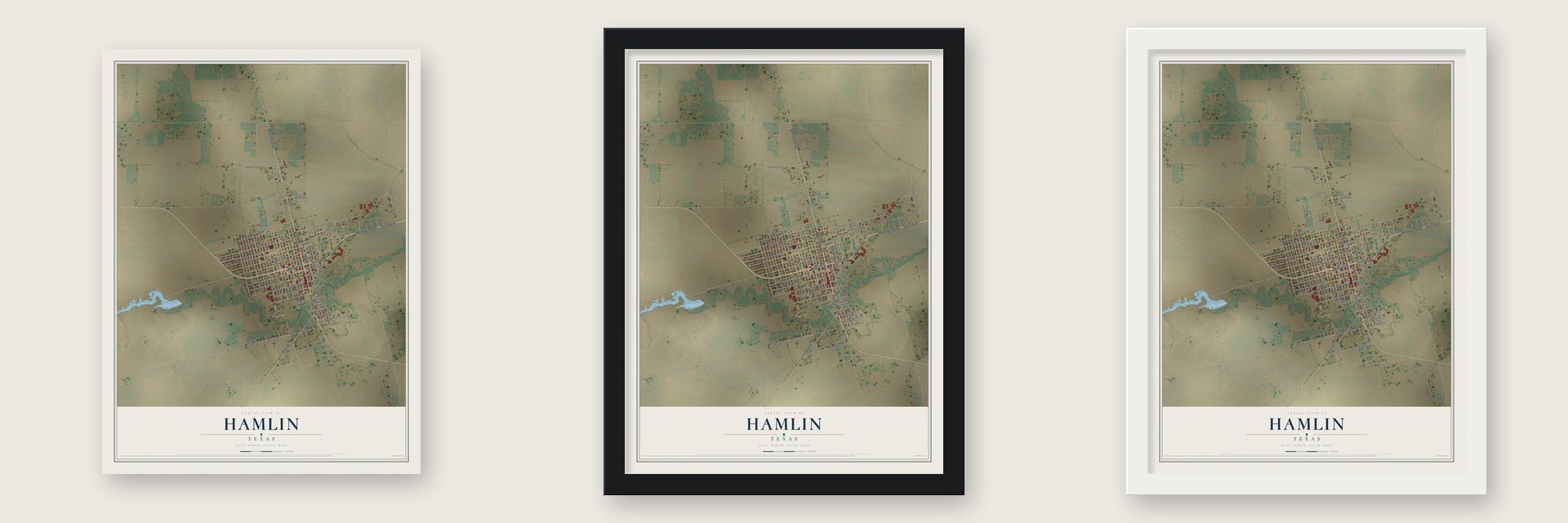 Hamlin, Texas map unframed, in a black wood frame and in a white wood frame