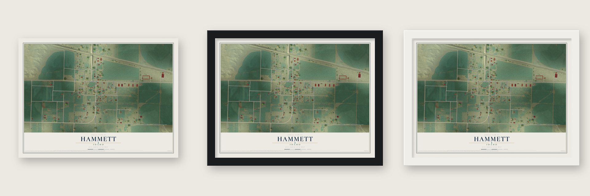 Hammett, Idaho map unframed, in a black wood frame and in a white wood frame