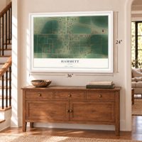 Hammett, Idaho map, 24 x 36 inch print in a white frame above a dresser by a staircase
