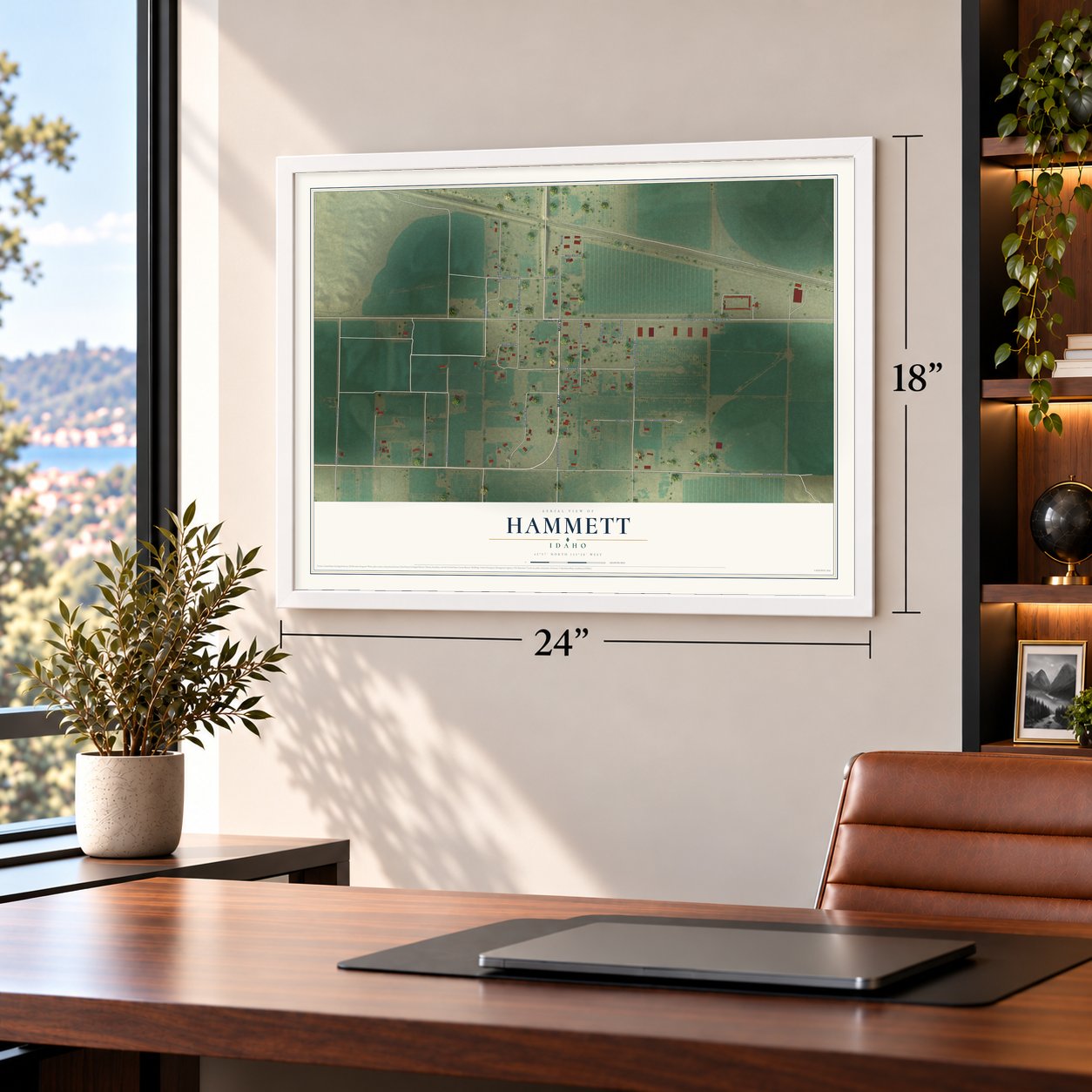 Hammett, Idaho map, 18 x 24 inch print in a white frame in a home office