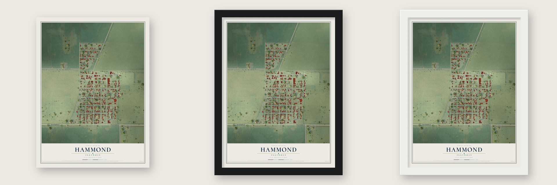 Hammond, Illinois map unframed, in a black wood frame and in a white wood frame