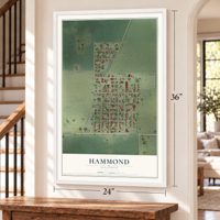 Hammond, Illinois map, 24 x 36 inch print in a white frame by a staircase