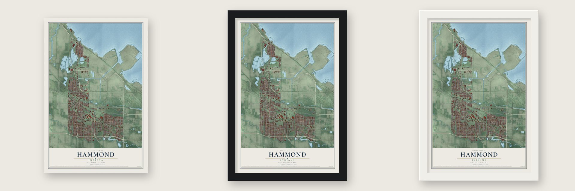 Hammond, Indiana map unframed, in a black wood frame and in a white wood frame