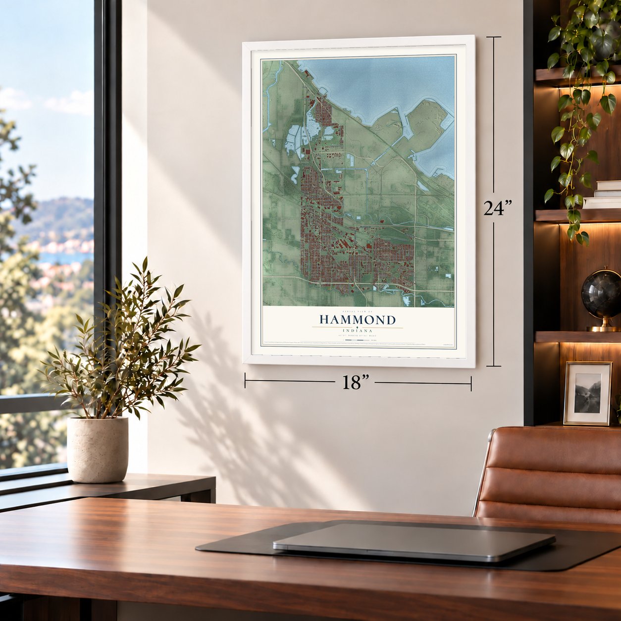 Hammond, Indiana map, 18 x 24 inch print in a white frame in a home office