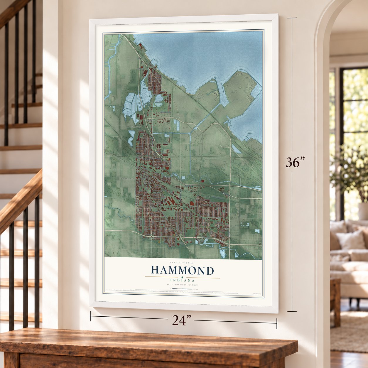Hammond, Indiana map, 24 x 36 inch print in a white frame by a staircase