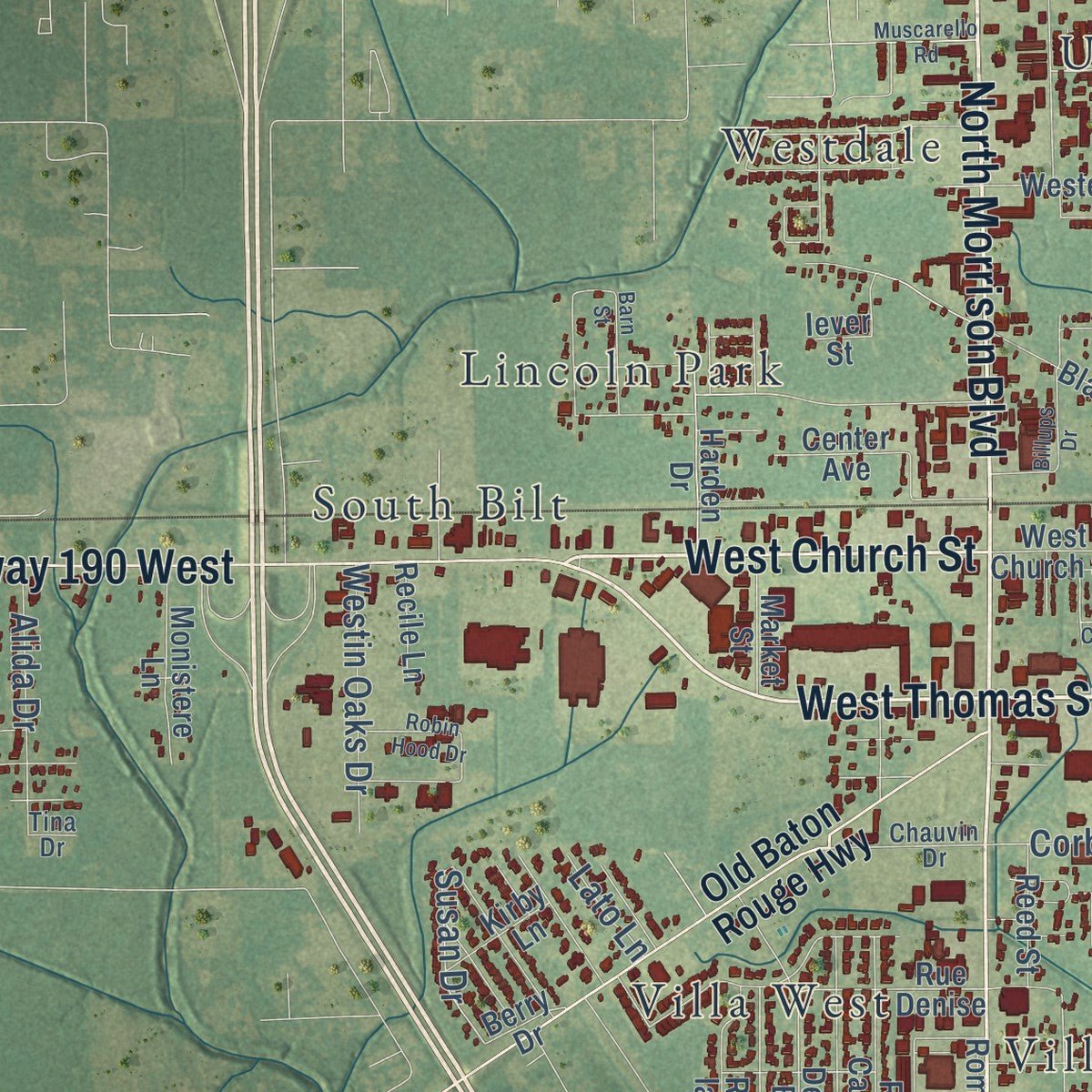 Second close-up of the map of Hammond, Louisiana print showing more streets and buildings