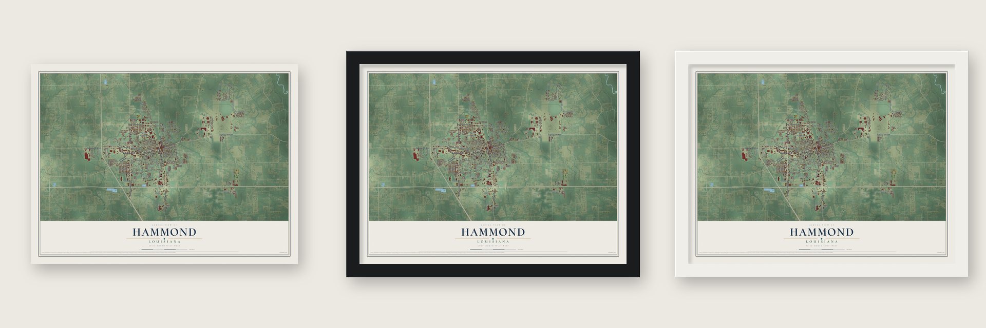 Hammond, Louisiana map unframed, in a black wood frame and in a white wood frame
