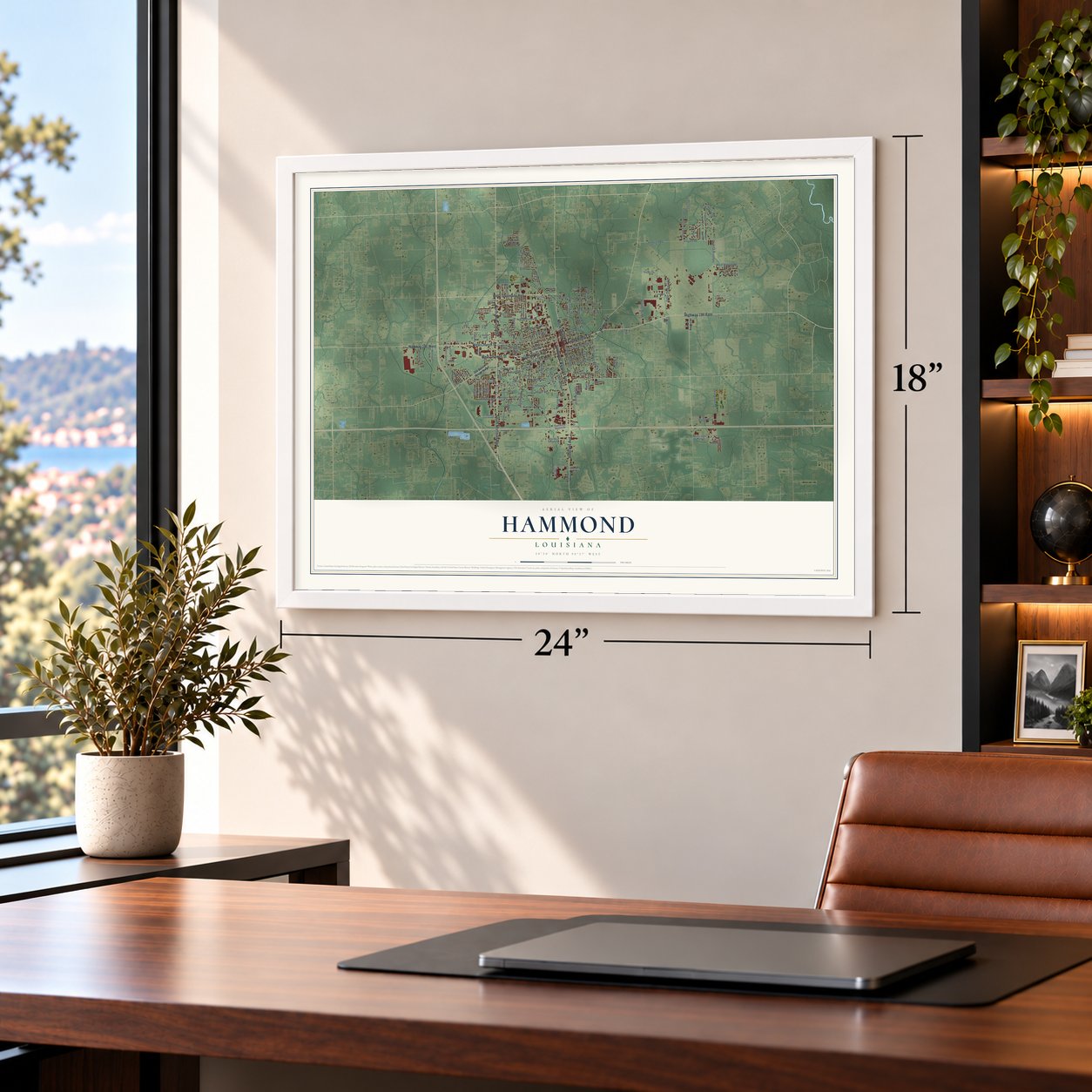 Hammond, Louisiana map, 18 x 24 inch print in a white frame in a home office