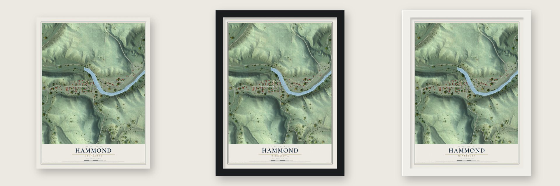 Hammond, Minnesota map unframed, in a black wood frame and in a white wood frame