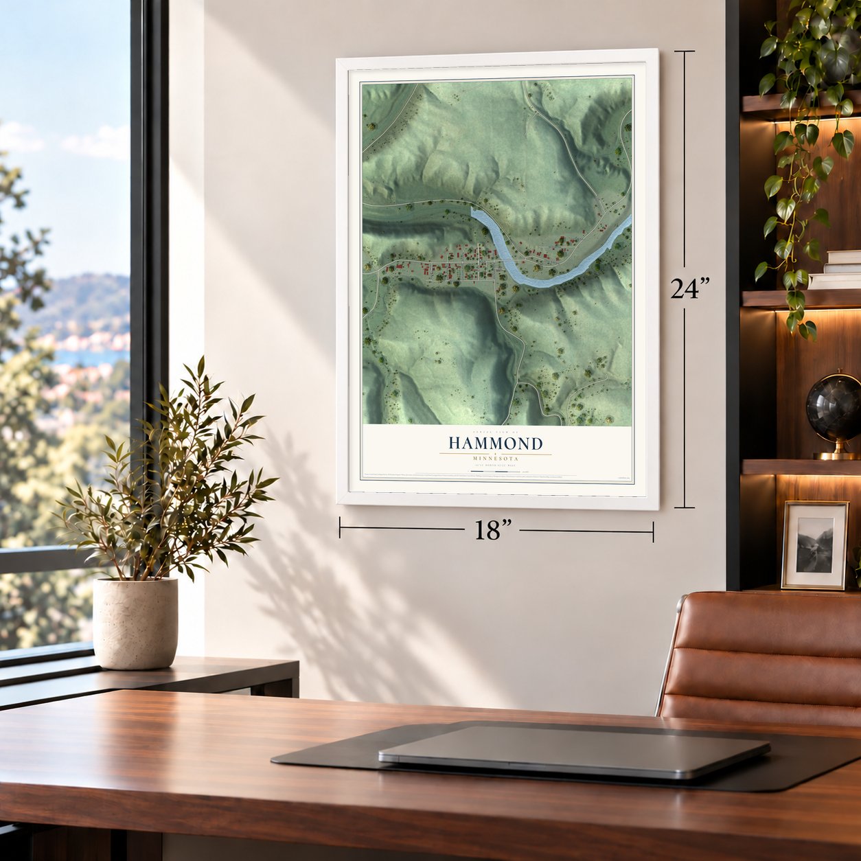 Hammond, Minnesota map, 18 x 24 inch print in a white frame in a home office