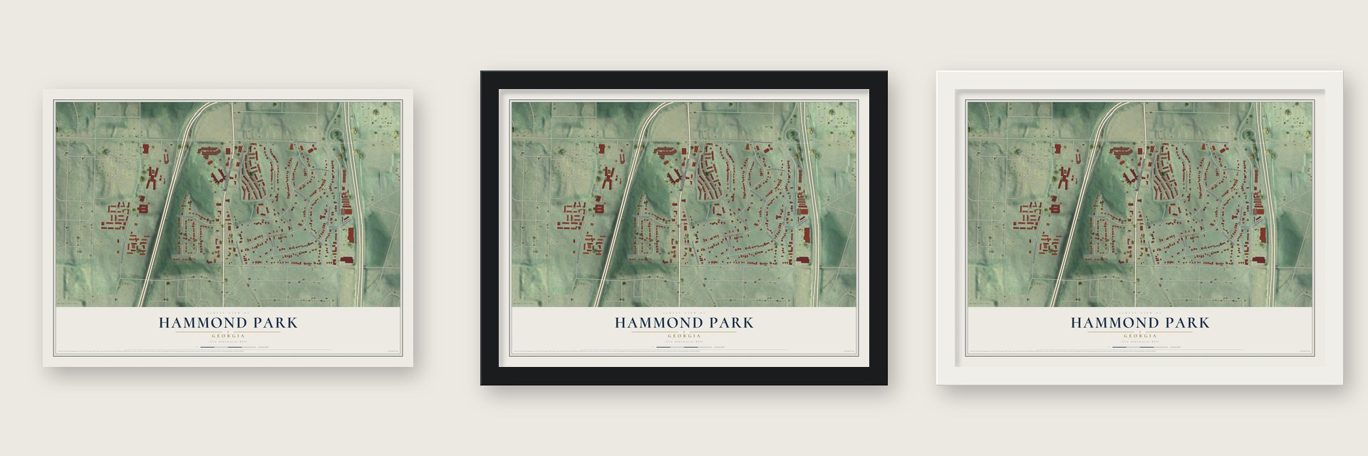 Hammond Park, Georgia map unframed, in a black wood frame and in a white wood frame