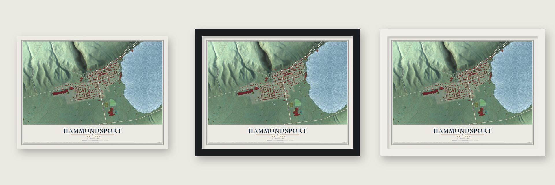 Hammondsport, New York map unframed, in a black wood frame and in a white wood frame