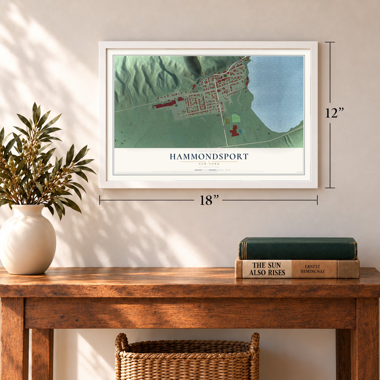 Hammondsport, New York map, 12 x 18 inch print in a white frame in an entryway