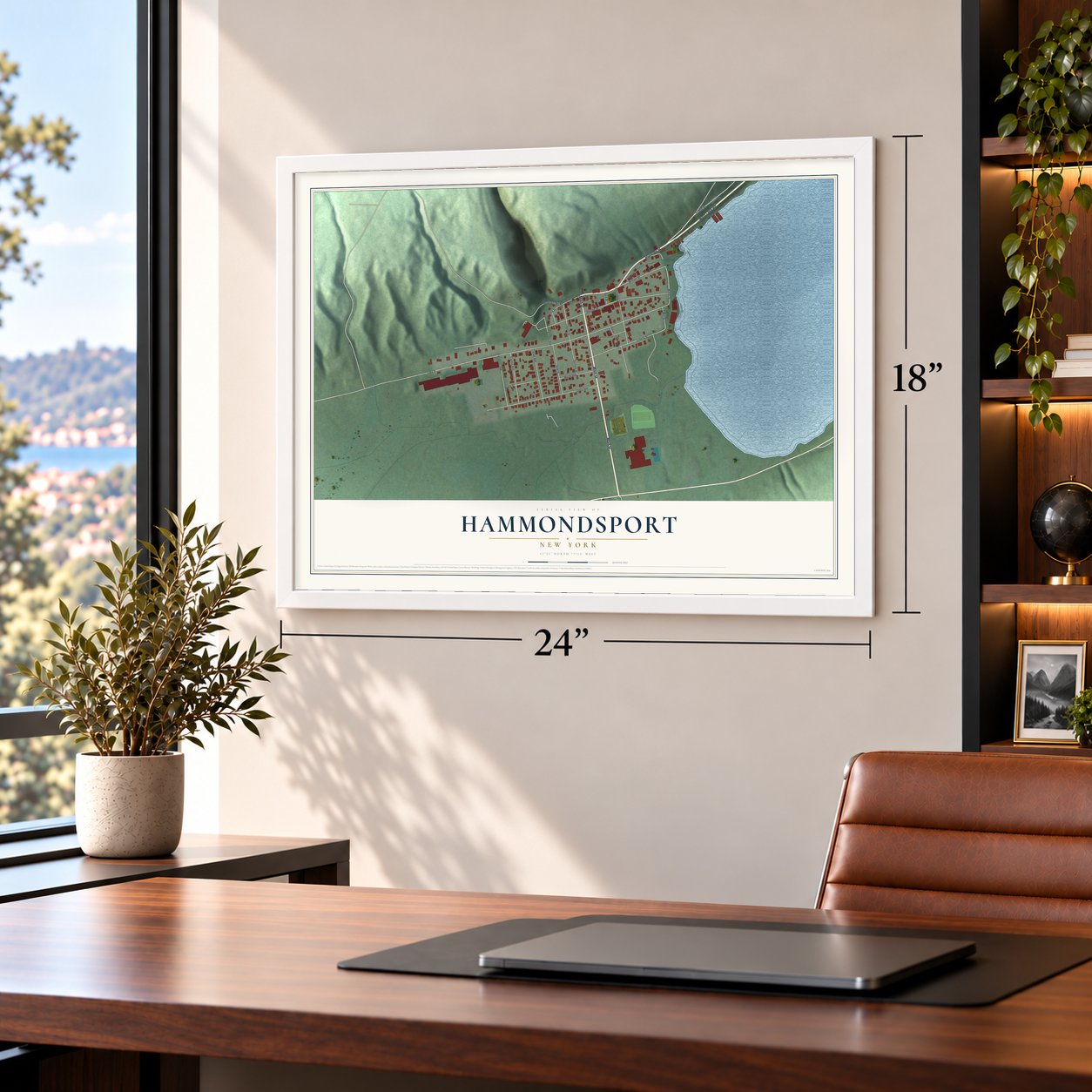 Hammondsport, New York map, 18 x 24 inch print in a white frame in a home office