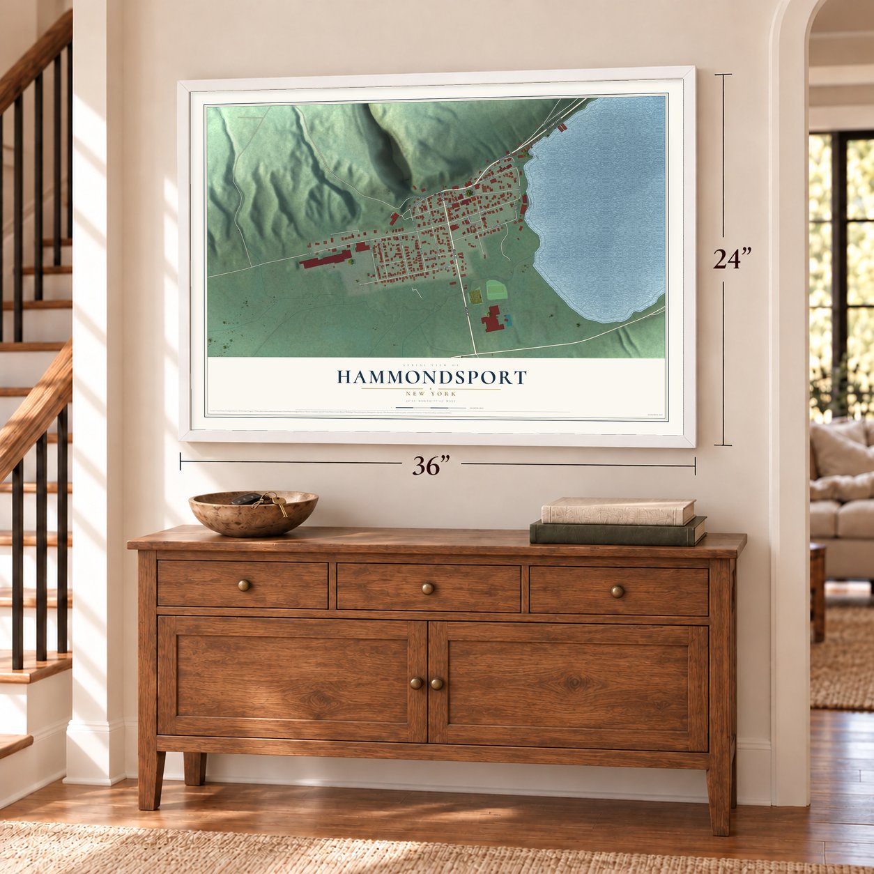 Hammondsport, New York map, 24 x 36 inch print in a white frame above a dresser by a staircase