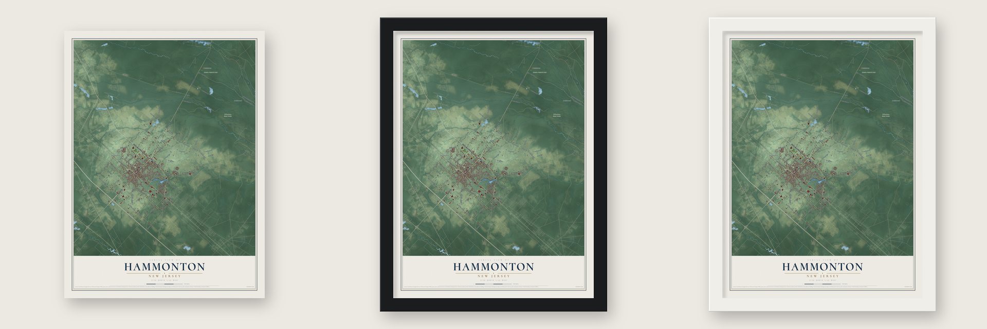 Hammonton, New Jersey map unframed, in a black wood frame and in a white wood frame
