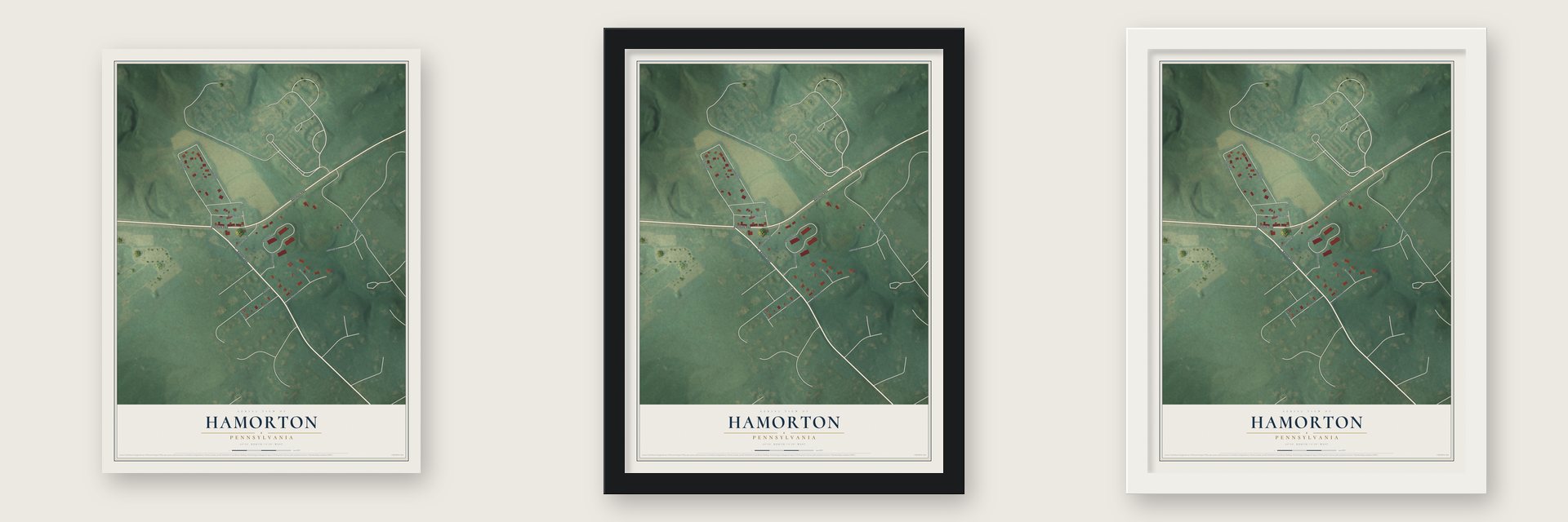 Hamorton, Pennsylvania map unframed, in a black wood frame and in a white wood frame