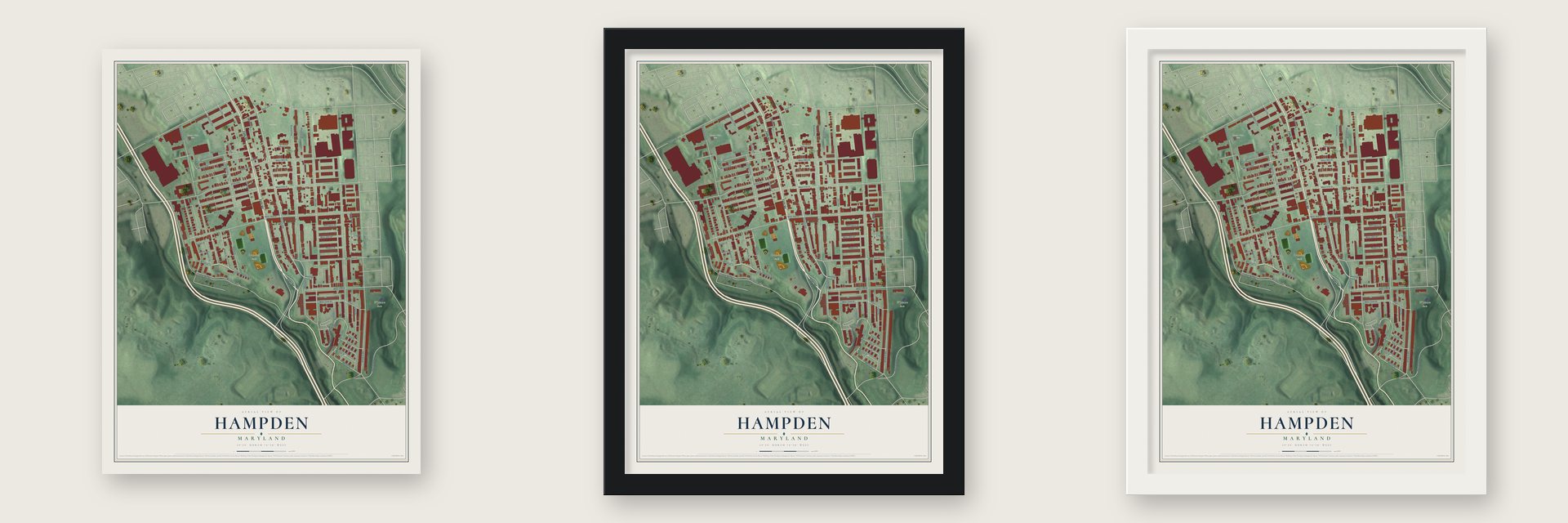 Hampden, Maryland map unframed, in a black wood frame and in a white wood frame