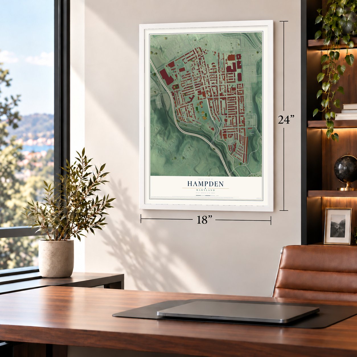 Hampden, Maryland map, 18 x 24 inch print in a white frame in a home office