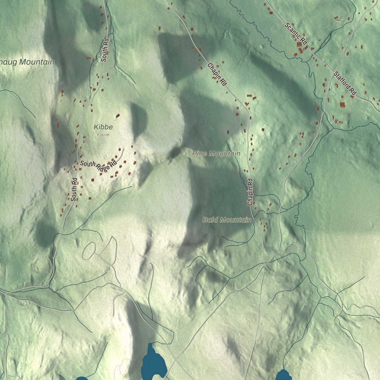 Close-up of the map of Hampden, Massachusetts print showing terrain and local geography
