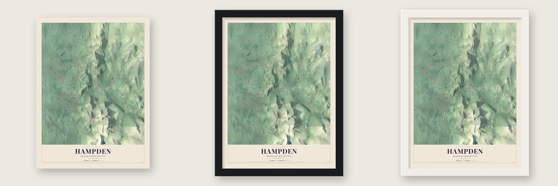 Hampden, Massachusetts map unframed, in a black wood frame and in a white wood frame