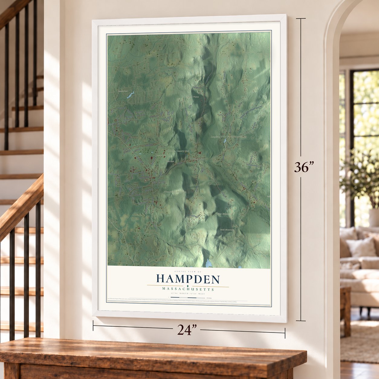 Hampden, Massachusetts map, 24 x 36 inch print in a white frame by a staircase
