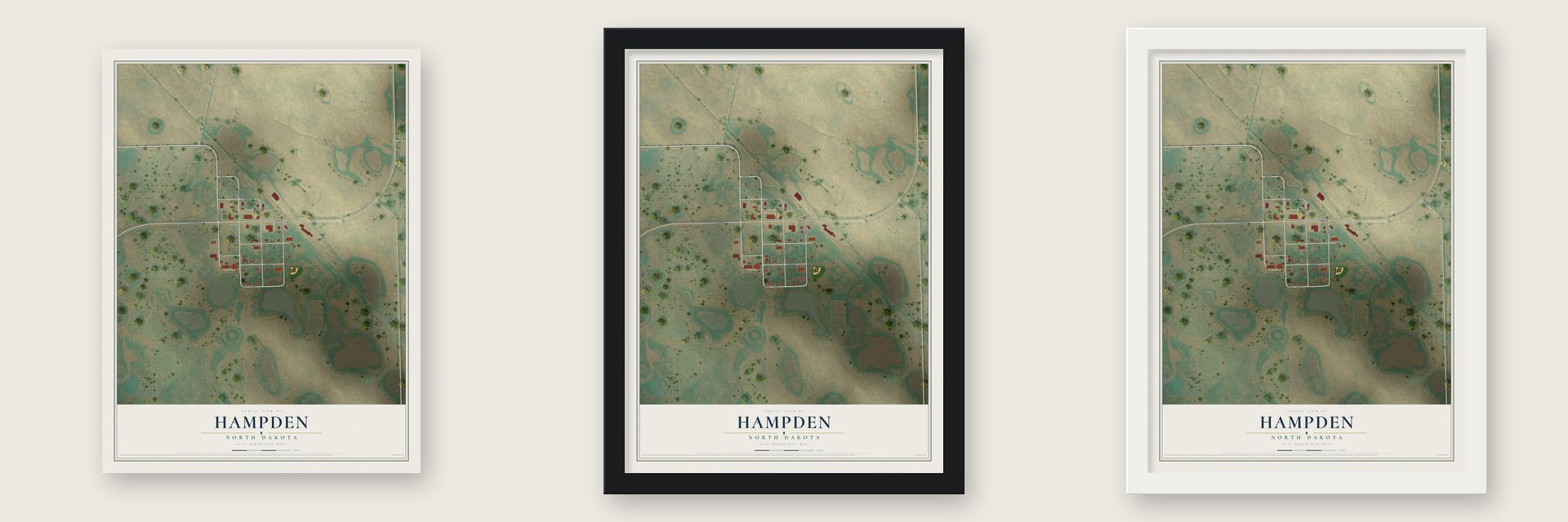 Hampden, North Dakota map unframed, in a black wood frame and in a white wood frame