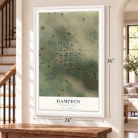 Hampden, North Dakota map, 24 x 36 inch print in a white frame by a staircase