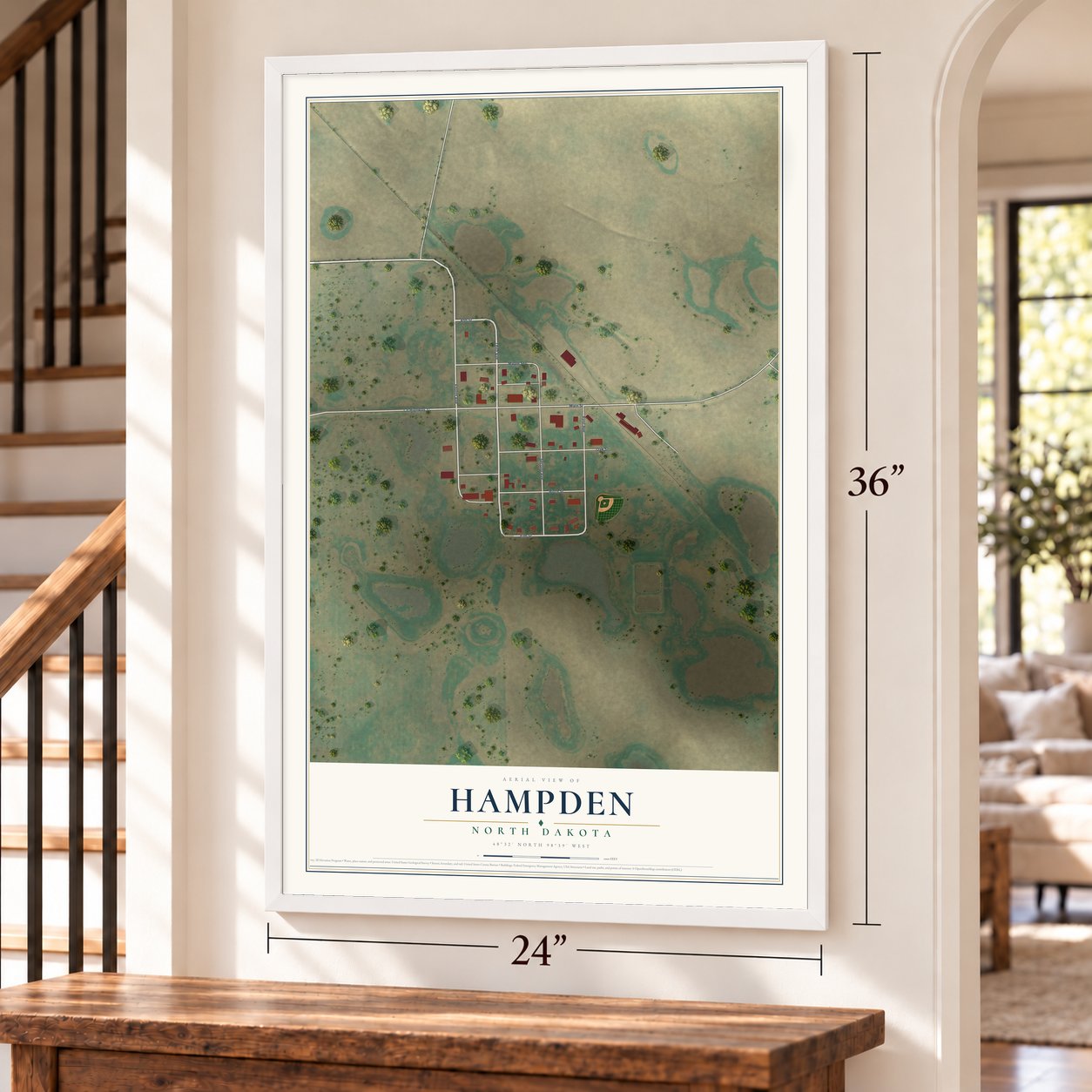 Hampden, North Dakota map, 24 x 36 inch print in a white frame by a staircase