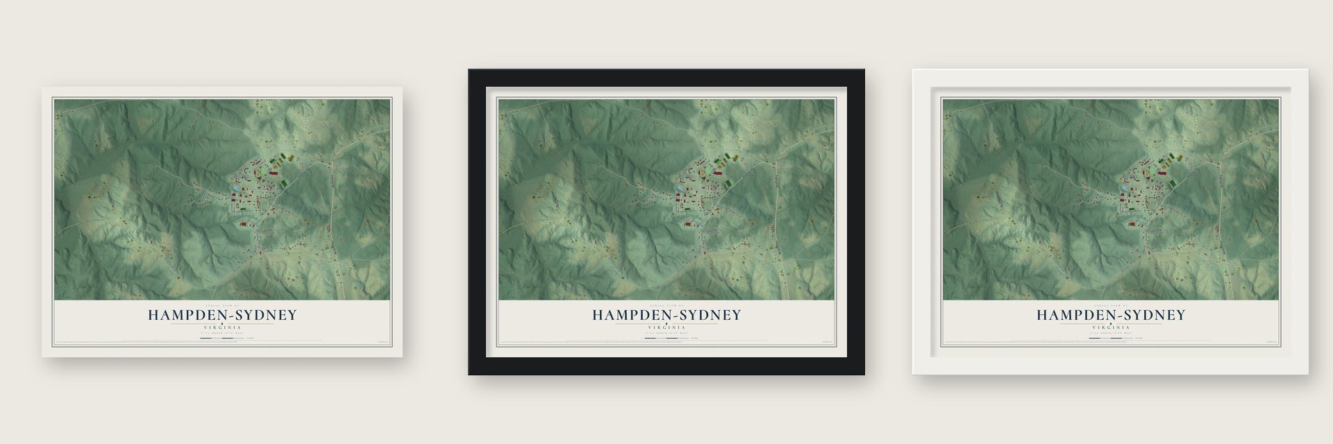 Hampden-Sydney, Virginia map unframed, in a black wood frame and in a white wood frame