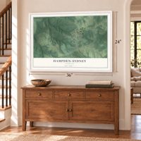 Hampden-Sydney, Virginia map, 24 x 36 inch print in a white frame above a dresser by a staircase