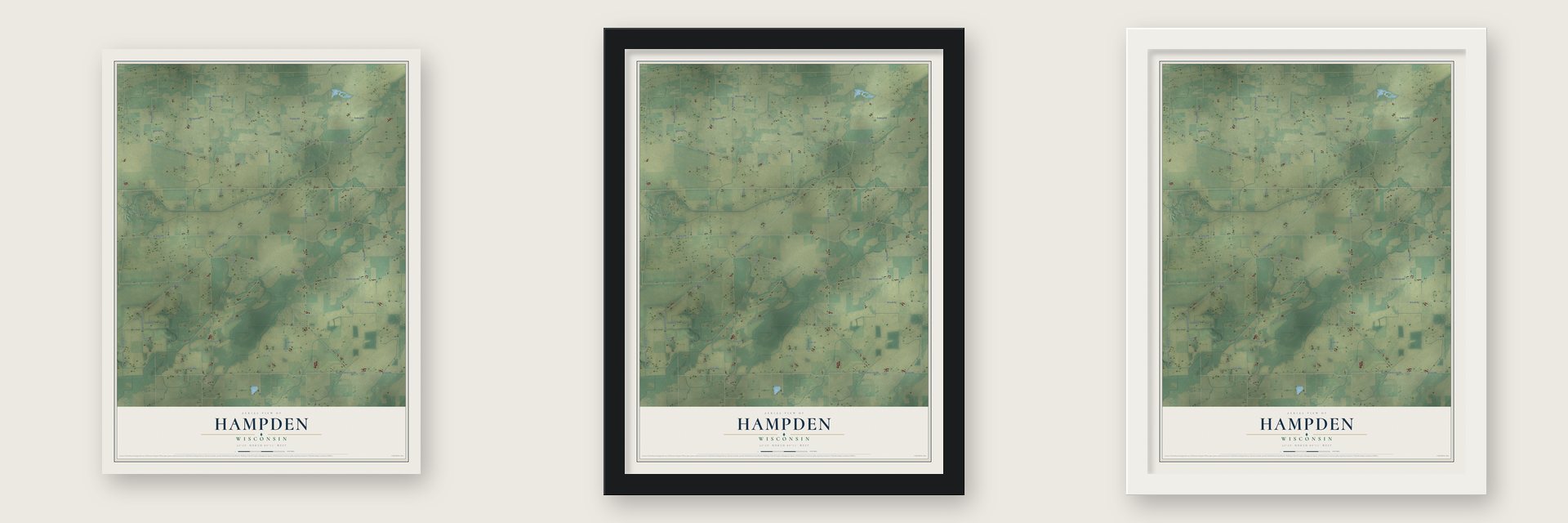 Hampden, Wisconsin map unframed, in a black wood frame and in a white wood frame
