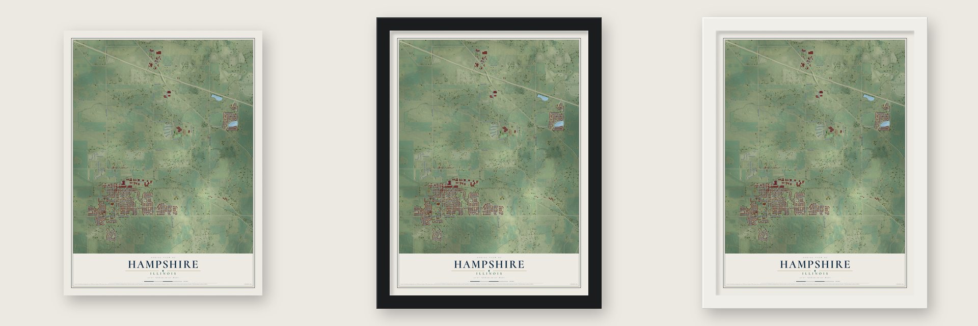 Hampshire, Illinois map unframed, in a black wood frame and in a white wood frame