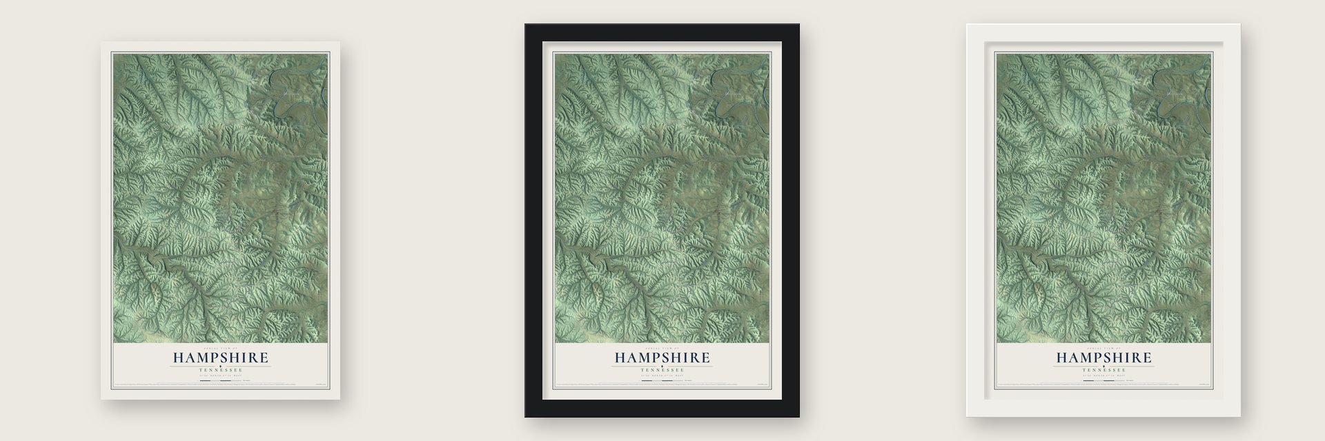 Hampshire, Tennessee map unframed, in a black wood frame and in a white wood frame