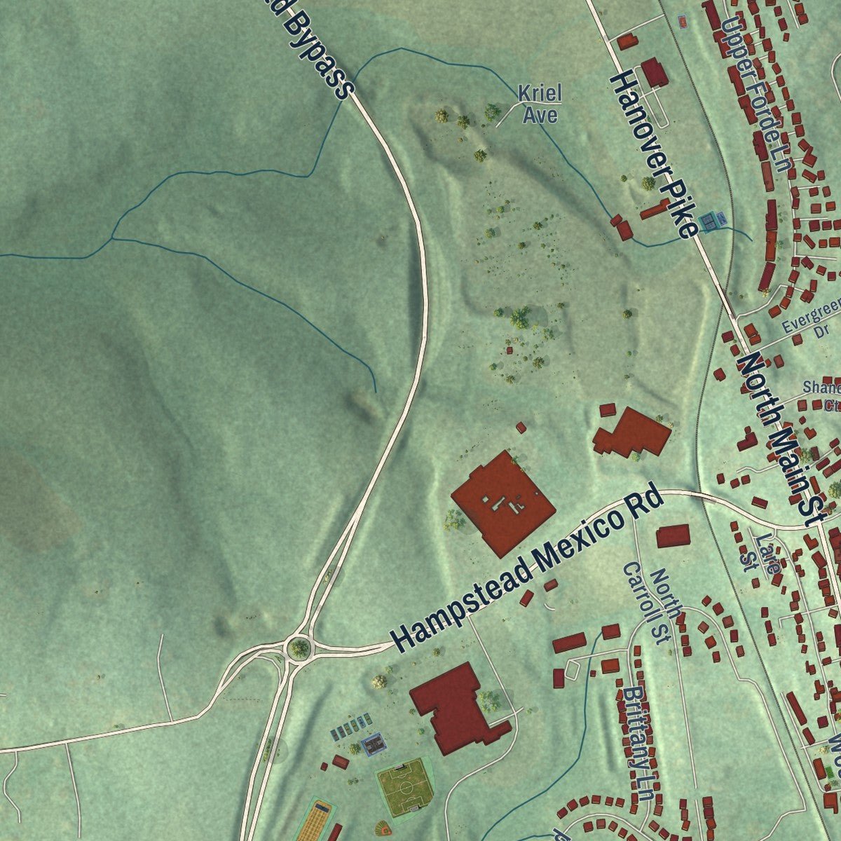 Second close-up of the map of Hampstead, Maryland print showing more streets and buildings